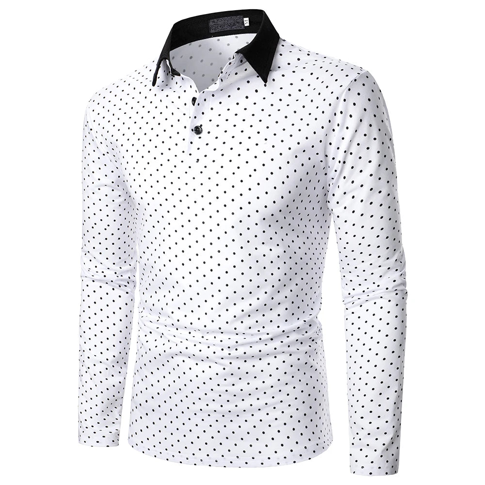 Camisa Masculina Clássica Polo Manga Comprida Lapela Leve