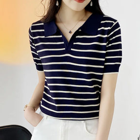 Camisa Feminina Polo Clássica Listrada Algodão Wear