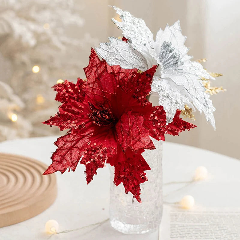 Decoração de Natal Grandes Flores Artificiais de Glitter - 50pçs - Natal Morada