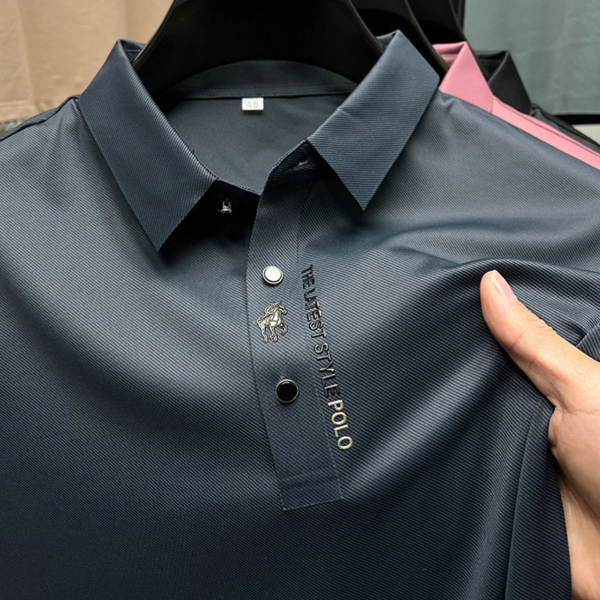 Camisa Masculina Polo Bordada Seda de Gelo Elasticidade Lapela