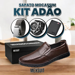 Kit Sapato Mocassim de Couro Adão ( Ventilação Extraordinária! ) + 3 BRINDES: Relógio, Cinto e Carteira - Loja Morada