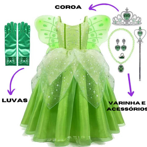 Vestido Fantasia Sininho Tinker Bell com Acessórios de Brinde Loja Morada