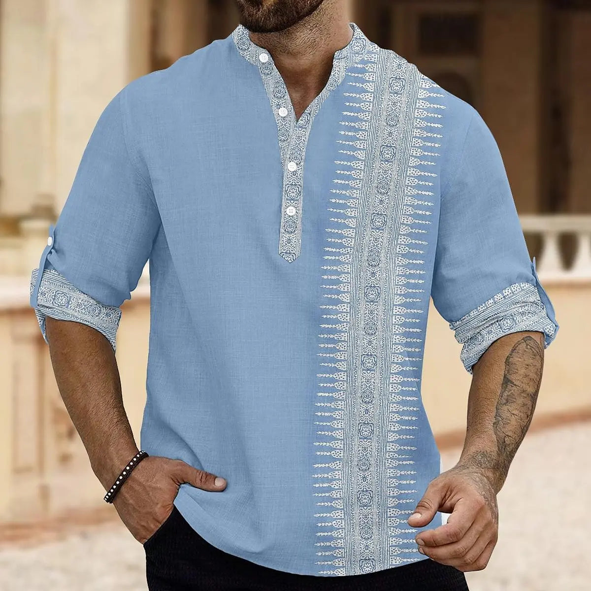 Camisa Masculina Verão Morada Estilo Étnico