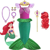 Fantasia Encantada da Pequena Sereia Ariel - Kit Completo com Coroa, Peruca, Varinha e Brincos e Colares - ( PROMOÇÃO FINAL DE ANO )